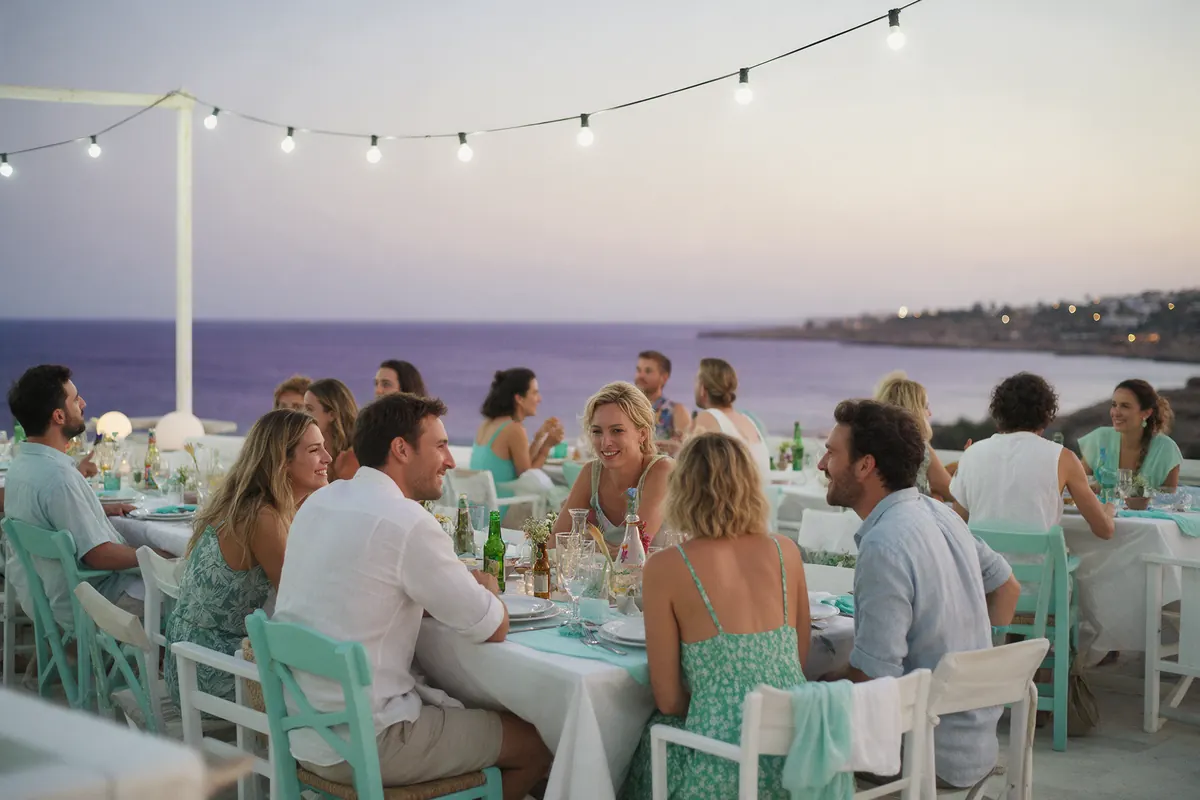 An evening gathering on a seaside terrace.