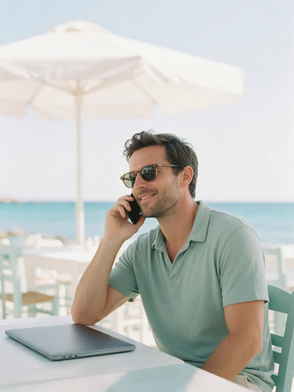 An affiliate takes a call at a seaside café table.