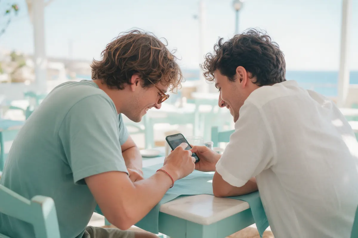 A friend shares a link across a café table.