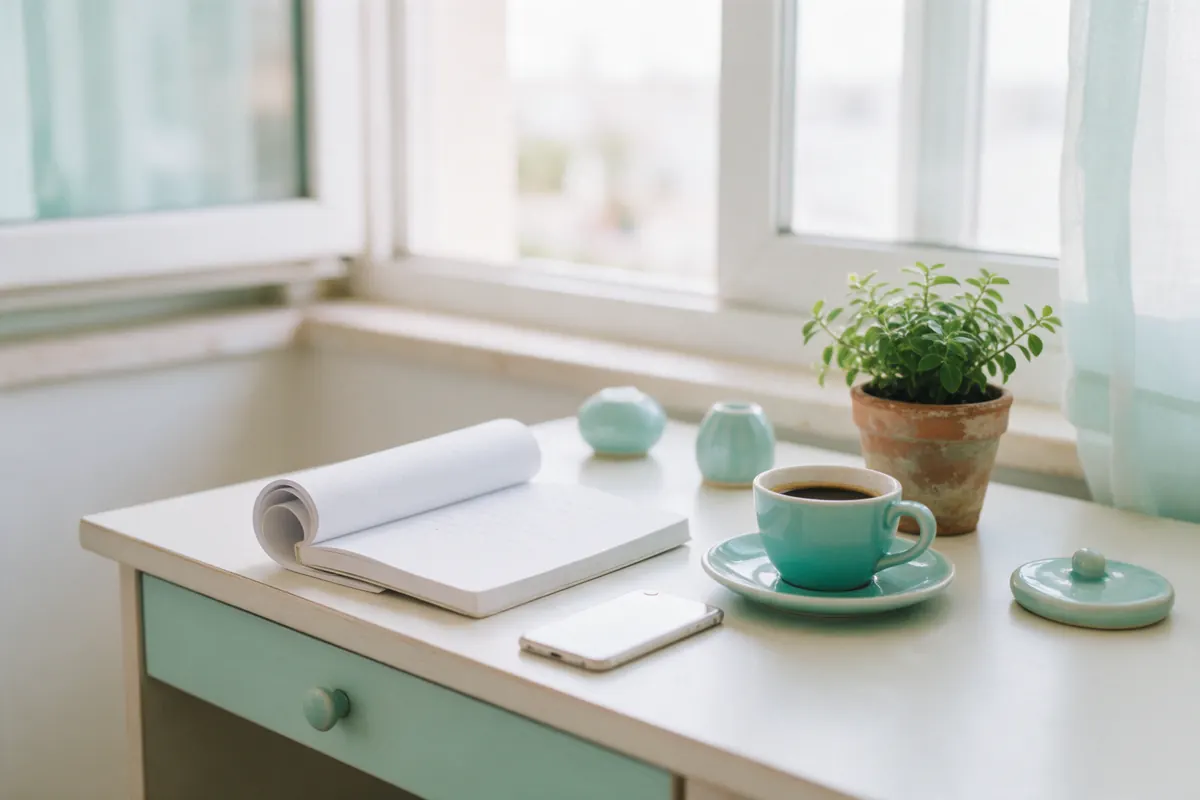 A tidy desk with a notebook, a phone and a coffee.