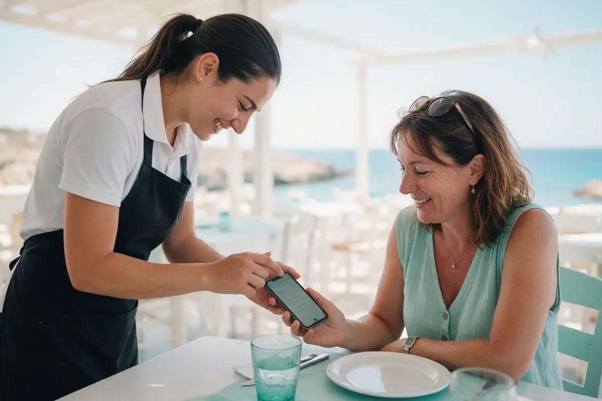 Staff check a customer's phone at the table.