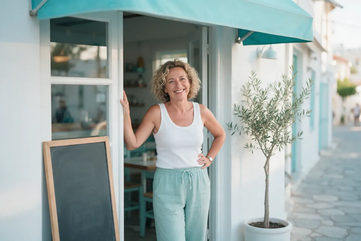 A café owner at the door of her shop on a stone-paved street.