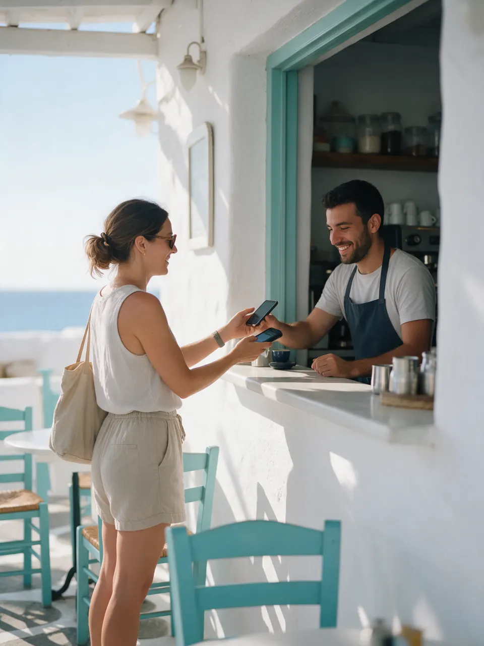 A member pays at a café counter with her phone while the barista smiles.