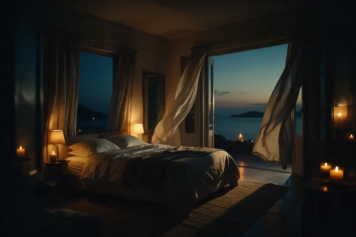 A sea-view hotel suite in the evening.