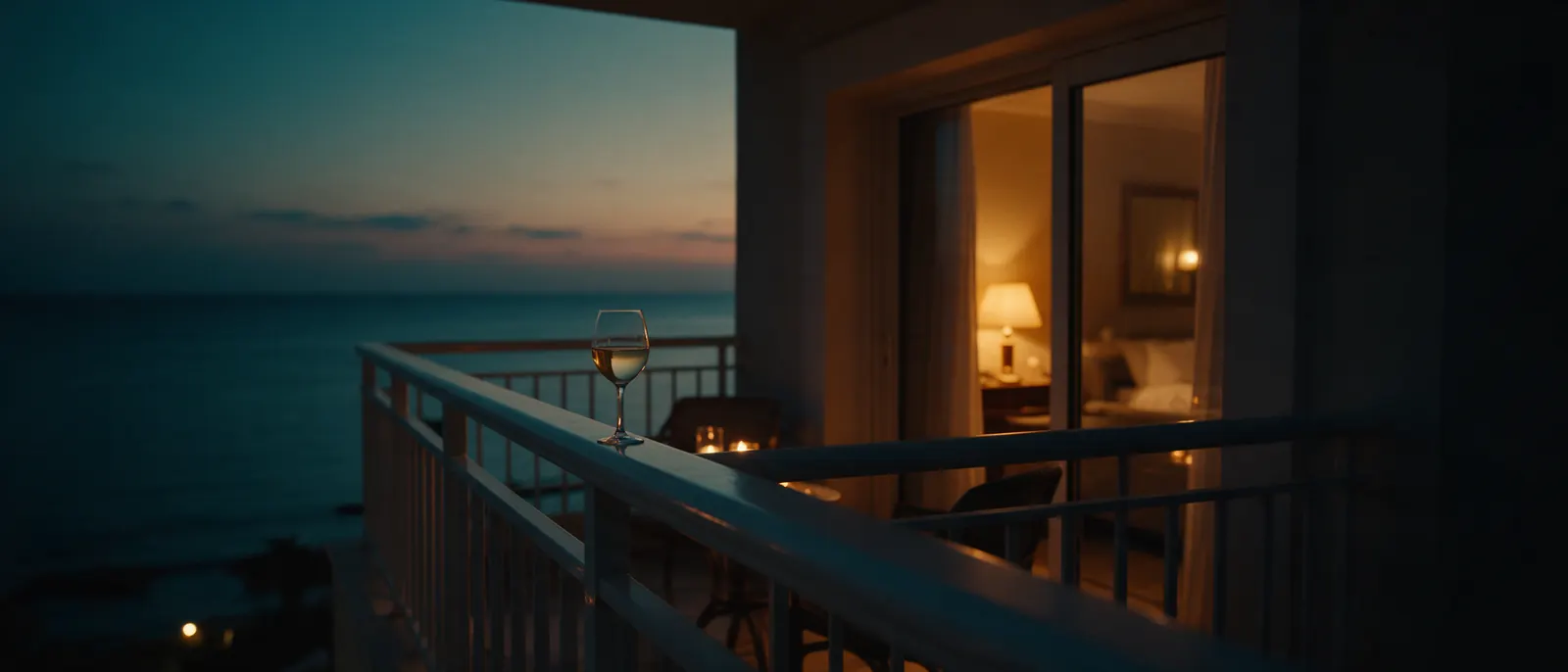 A hotel balcony over the sea in Paphos at blue hour.