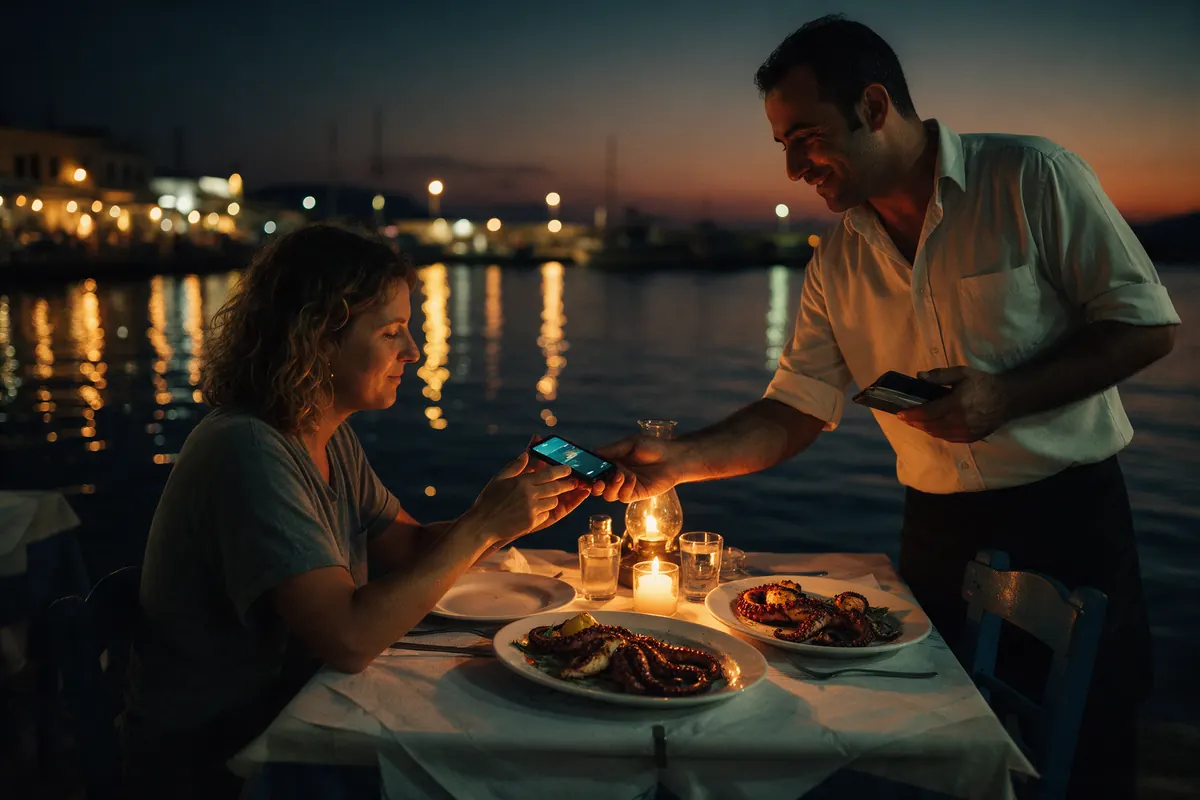 A waiter checks a guest's phone at a waterside restaurant.