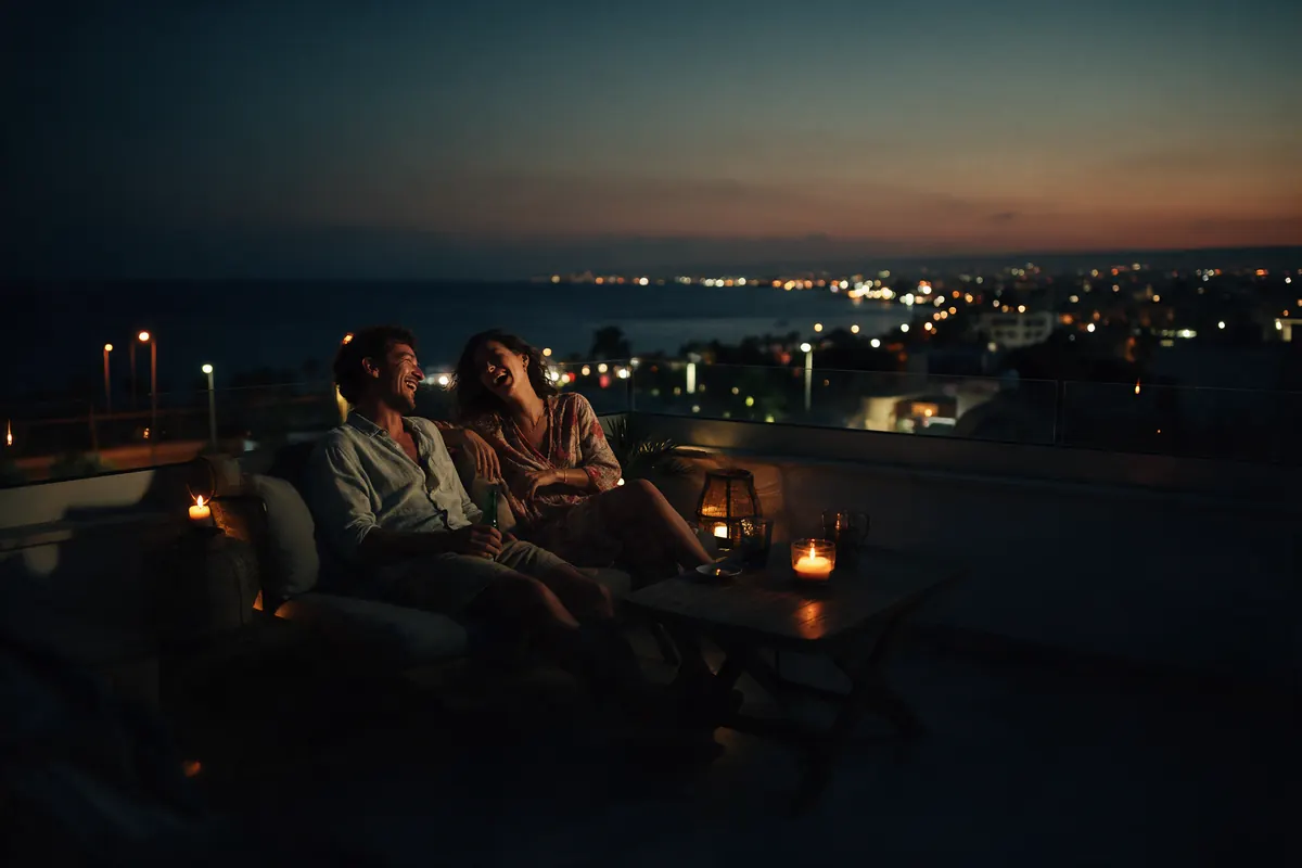 Two friends on a rooftop terrace at night.